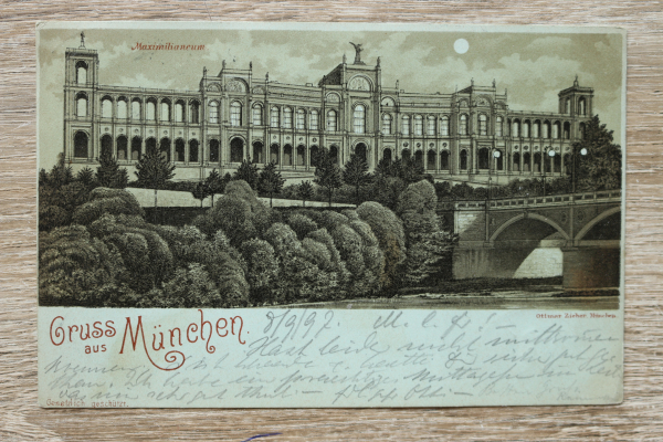 AK Gruss aus München / 1897 / Mondschein Litho / Maximilianeum / Architektur Brücke